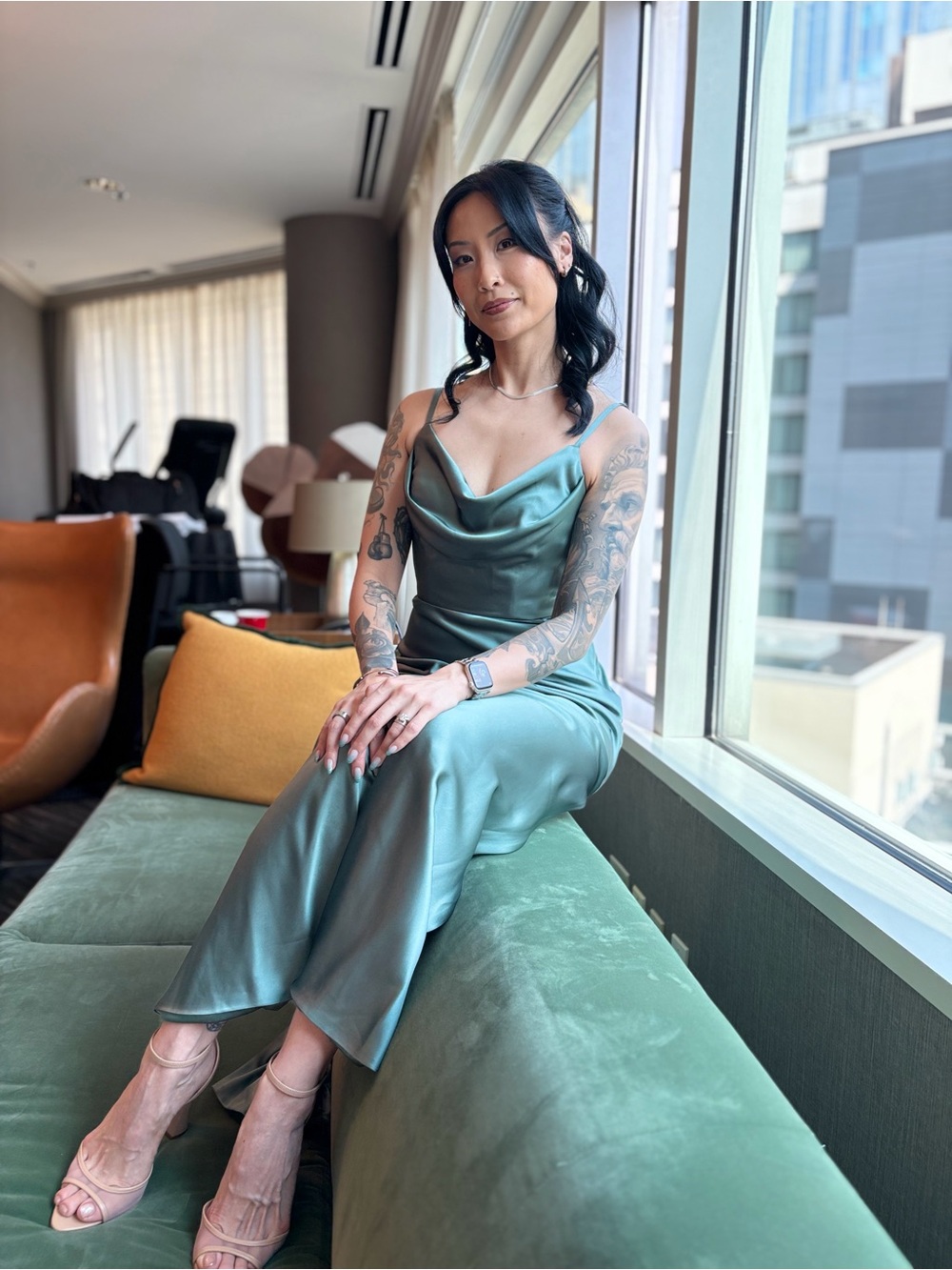Revelry Satin Slip Dress - Rosemary Green